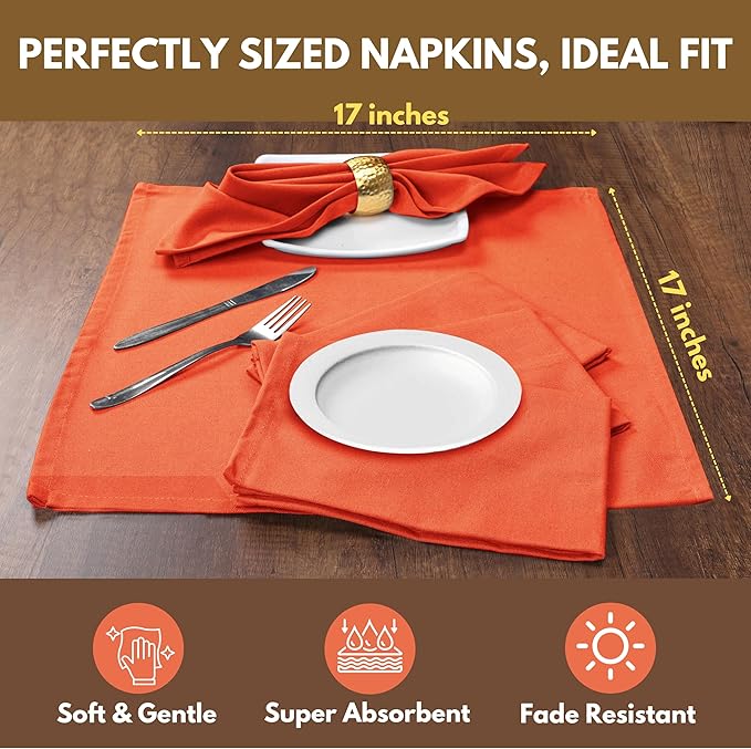 Native Fab Cloth Napkin Set of 12, 100% Cotton, Washable, Reusable Dinner Cloth Napkin 17x17 inches, Table Decor Napkins for Dinner, Events, Orange
