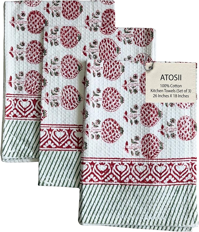 ATOSII 100% Cotton Hand Block Print Waffle Kitchen Towel, Set of 3, 18 x 26 Inches Ultra Absorbent Quick Dry Dish Towels, Lightweight Reusable Sustainable Tea Towels for Cleaning and Drying, Roma Red