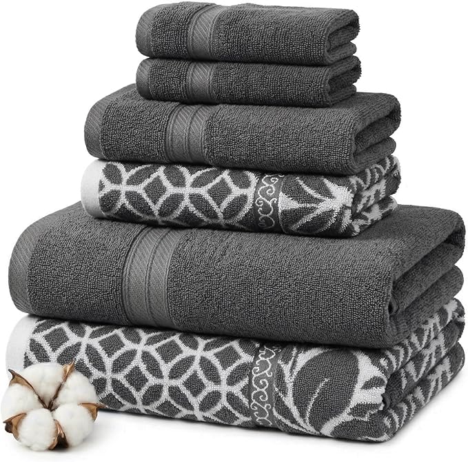 Modern Threads Botanical Vine 6-Piece 100% Cotton Towel Set – Reversible Yarn Dyed Jacquard – Includes 2 Bath Towels, 2 Hand Towels, 2 Washcloths – Absorbent, Quick Dry, Soft & Durable – Gray