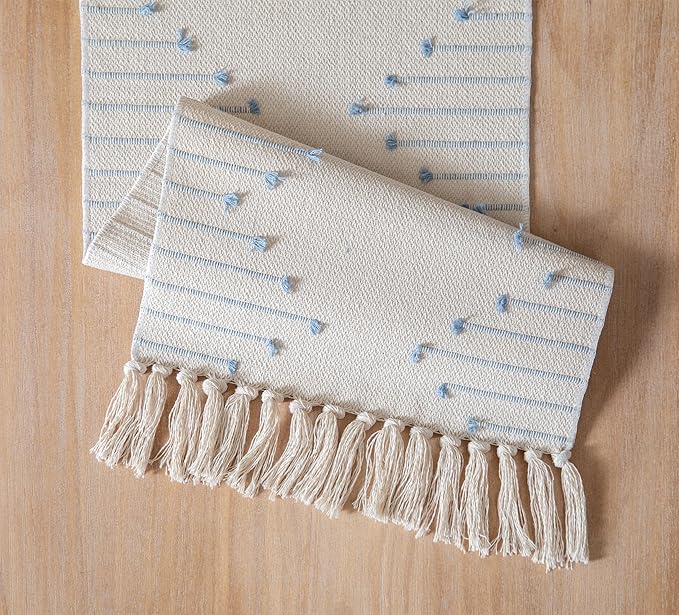 Boho Table Runner 13 x 60 Inch Long Natural Cotton Woven Runner with Tassels for Home Dining Table décor, for Modern Farmhouse Decor Coffee Table Runner, Light Blue and Beige