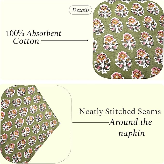 CPC Jade Green Indian Block Print Cotton Cloth Napkins Set of 4, 18x18 Reusable Everyday Napkins, Soft, Absorbent, Floral Dinner Napkin, Holiday, Party Gift, Spring,Mother's Day
