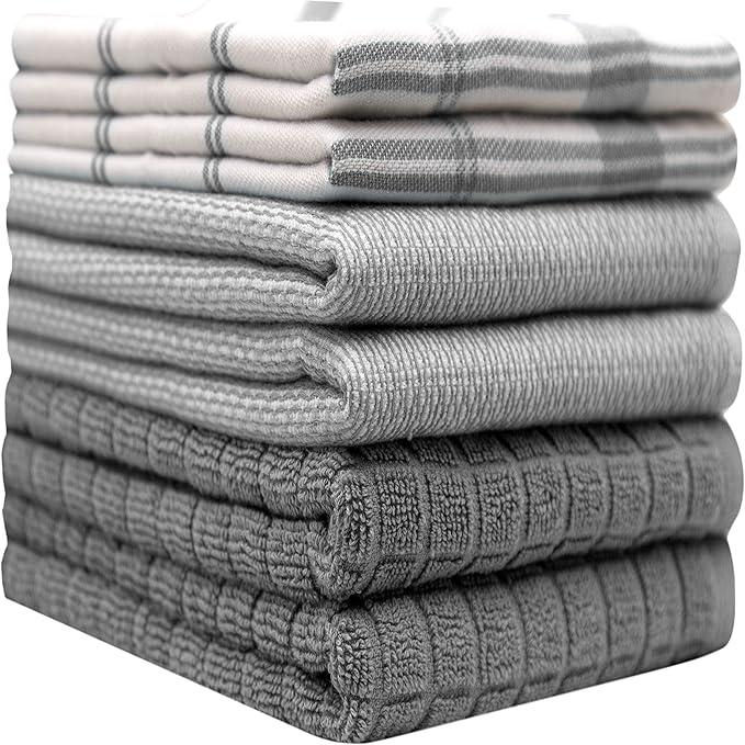 Premium Kitchen Towels (20”x 28”, 6 Pack) | Large Cotton Dish Towels | Flat & Terry Highly Absorbent Kitchen Linen Set with Hanging Loop | Grey Check