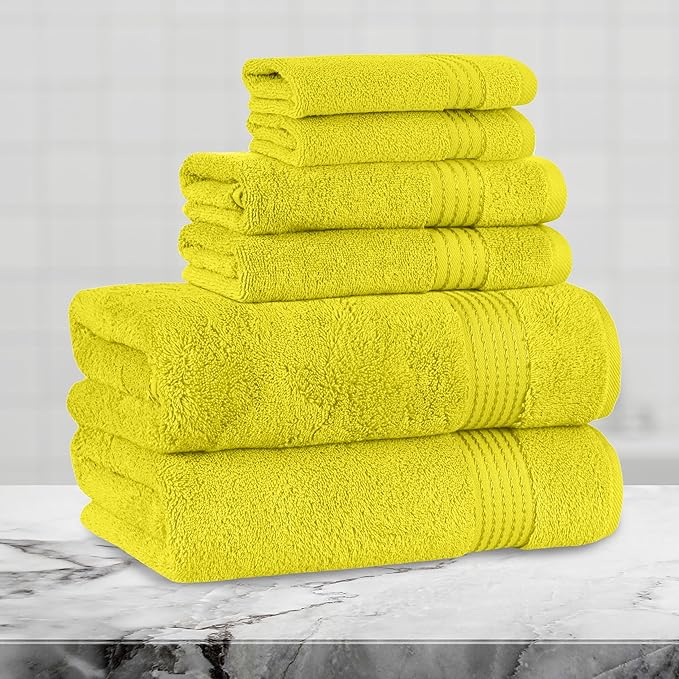 Mocassi Luxury 100% Turkish Cotton 6-Piece Towel Set - Ultra Soft, Quick Dry Highly Absorbent Premium Spa Hotel Quality Bath Towels, Includes 2 Bath Towels, 2 Hand Towels and 2 Washcloths, Yellow