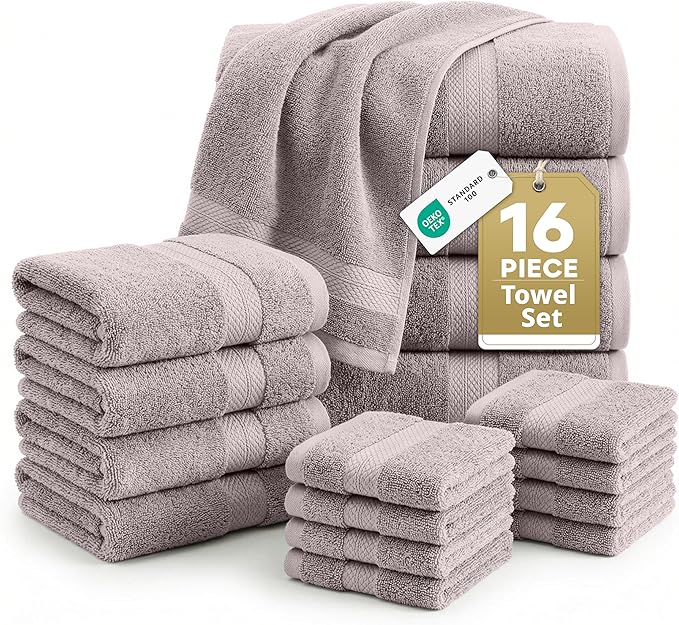 LANE LINEN 100% Ring Spun Cotton Bathroom Towel Set - 16 Piece - Soft, Quick Dry & Highly Absorbent - 4 Bath, 8 Wash cloths, 4 Hand Towels - Ideal for Guests & Perfect for Bathroom decor - Platinum