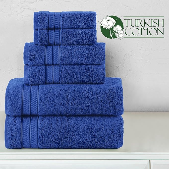 Elegant Comfort Luxury 6-Piece Towel Set, Premium Soft 100% Turkish Cotton, Three Line Popcorn Design 2 Bath Towels, 2 Hand Towels and 2 Washcloths Towel Set - Quick-Drying and Absorbent, Cobalt Blue