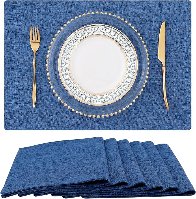 homing Cotton Linen Placemats Set of 6, Cloth Washable Farmhouse Dining Table Mats for Indoors & Outdoors, Easy to Clean, Navy Blue, 13 x 19 Inch