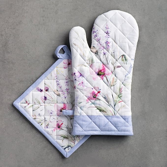 Maison d' Hermine 100% Cotton Oven Mitt & Pot Holder Set (7.5"x13" & 8"x8") Heat Resistant BBQ Cooking Gloves with Loop Baking Grilling Kitchen Gifts for Mothers Day Spring/Summer (Summer Floral)