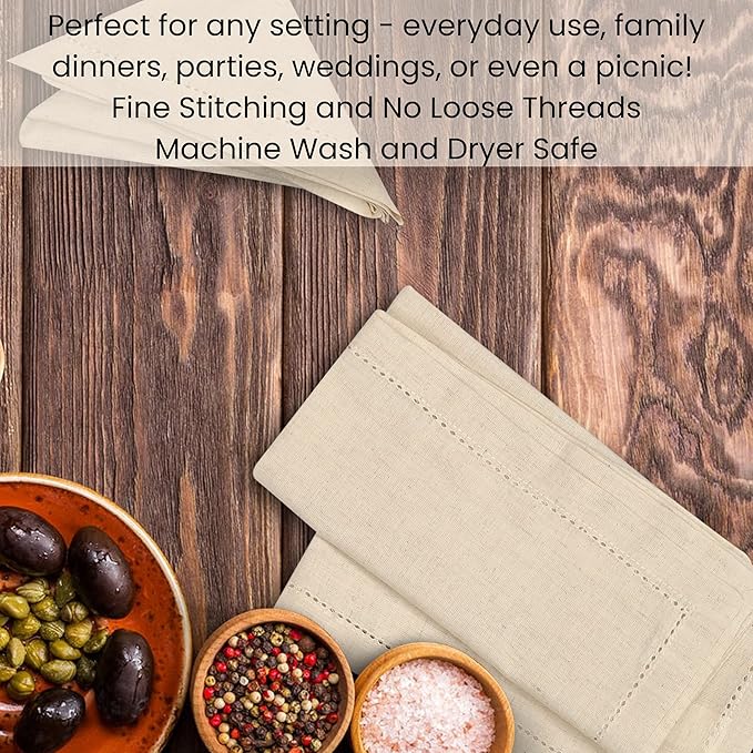 Cotton Clinic 12 Pack Hemstitch Cloth Dinner Napkins Oversized 20x20, Linen Cotton Fabric Tailored with Mitered Corner - Cocktail Napkins, Wedding Dinner Napkins Natural