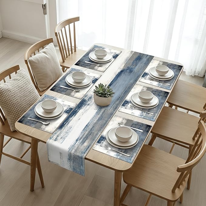 White and Gray Table Runner and Placemats Set of 6 Farmhouse Washable Linen Place Mats Rustic Abstract Art Table Decor for Kitchen Dining Coffee Outdoor Party (White and Gray, 13"x71"+12"x18")