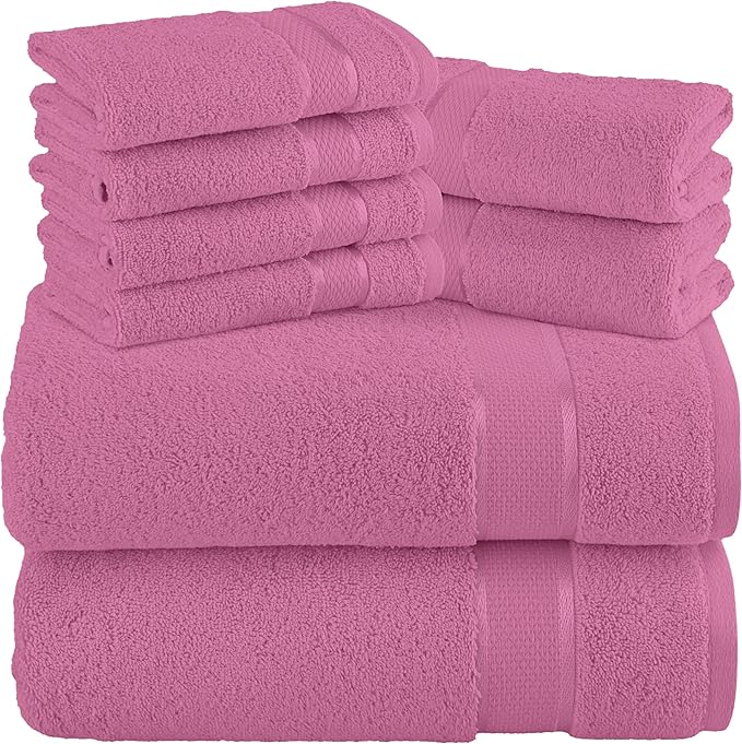 Elegant Comfort Premium Cotton 8-Piece Towel Set, Includes 4 Washcloths, 2 Hand Towels and 2 Bath Towels, 100% Turkish Cotton - Highly Absorbent and Super Soft Towels for Bathroom, Light Pink
