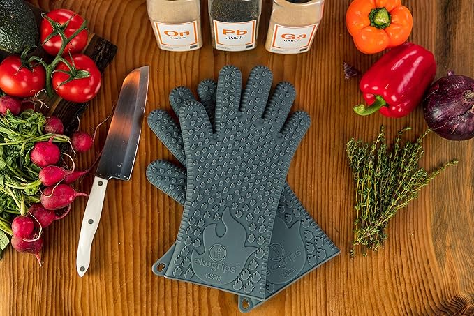 Jolly Green Products Ekogrips Premium Grilling Gloves Heat Resistant BBQ Gloves for Indoor and Outdoor Cooking, Meat Handling Gloves, Kitchen Oven Gloves with Fingers, Silicone Oven Mitts - Grey