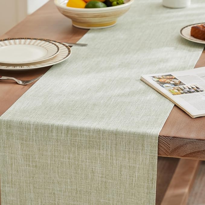 ZeeMart Rustic Cotton Linen Table Runner, 13x90 Inches Green, Farmhouse Style Sage Green Table Runners 90 Inches Long, Washable Kitchen Dining Table Decoration for Home Party Decor