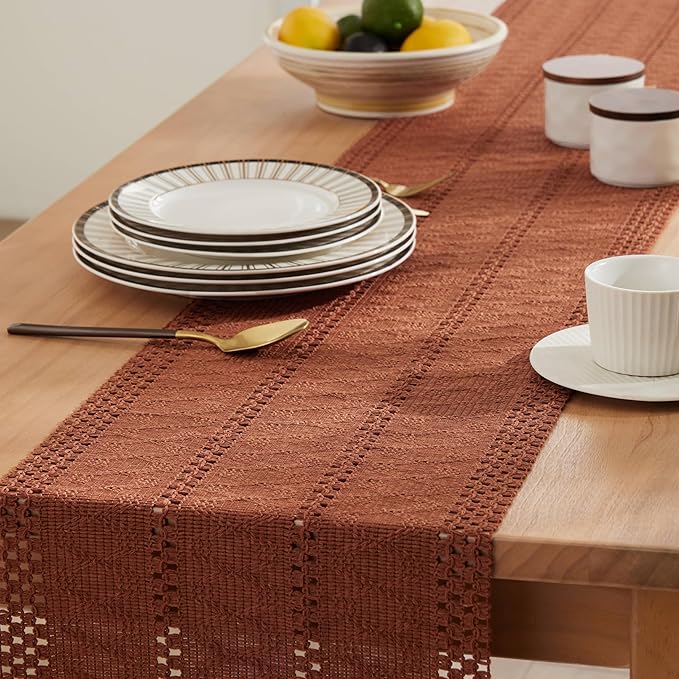 ZeeMart Macrame Style Boho Table Runner, Terracotta Table Runners 48 Inches Long, Farmhouse Woven Home Decor, 12x48 Inch, Terracotta