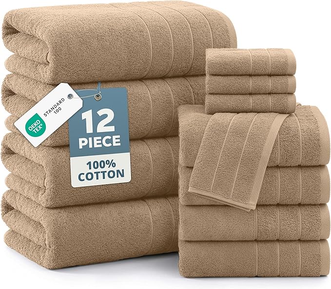 Casa Platino 12 Pcs Premium Cotton Towel Set - Soft, Absorbent & Perfect Family Set - 4 Bath, 4 Washcloths, 4 Hand Towels for Bathroom - Ideal for Home, Spa & Gym - Quality You Can Trust - Beige