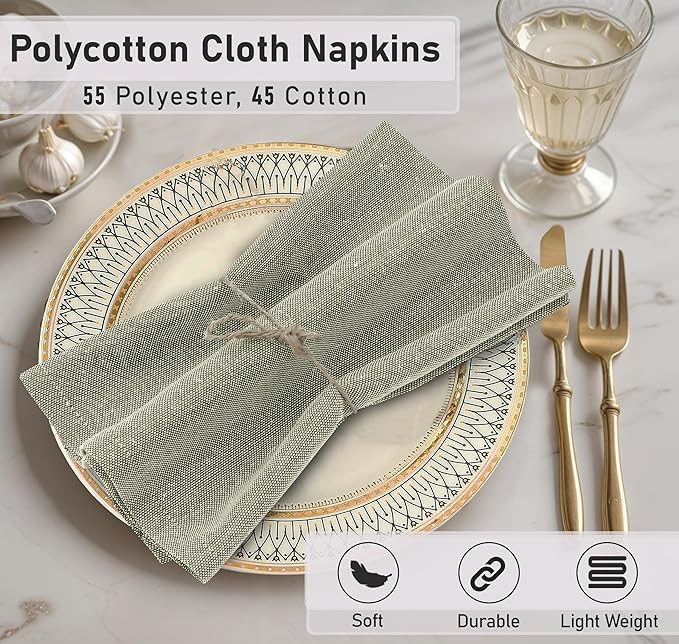 Ruvanti Cloth Napkins Set of 12, 18x18 Reusable Napkins Cloth Washable, Soft & Durable Table Napkin, Poly Cotton Fabric Dinner Napkins for Parties, Christmas, Thanksgiving, Weddings - Olive Branch