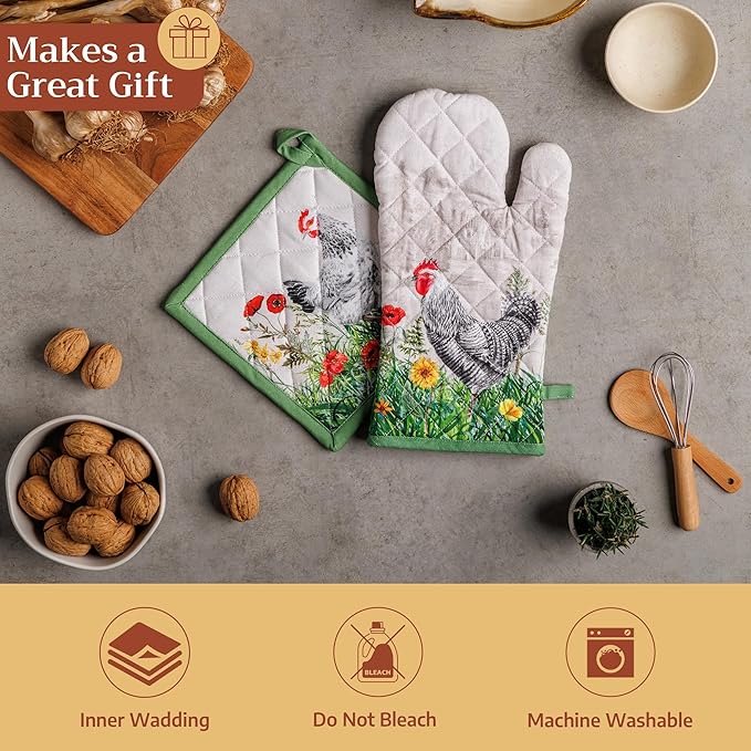 Maison d' Hermine Pot Holders 100% Cotton Heat Resistant Potholders 8" x 8" Hot Pads with Loop BBQ Cooking Baking Gifts for Mothers Day Handling Hot Pans Spring/Summer (Pack of 2, Basse Cour)