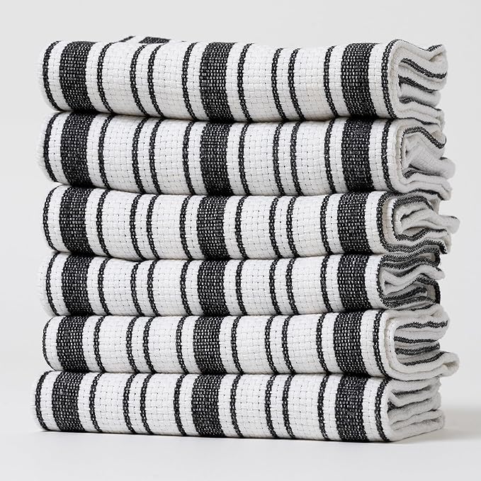 Kitchen Towels Set – Pack of 6 (20’’ x 30’’) Extra Large Premium Cotton Dish Towels for Kitchen – Basket Weave Towels – Absorbent – 100% Cotton – with Hanging Loop – Black