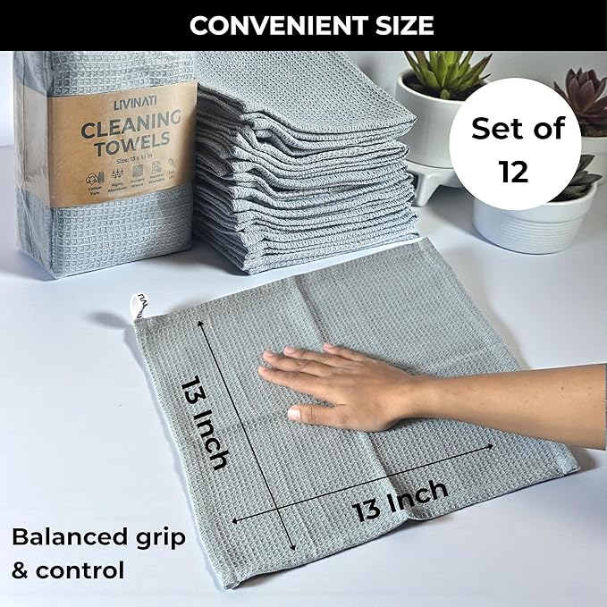 Light Gray Cotton Cleaning Rags For Housekeeping - Trapos Paños De Limpieza Reutilizables - Kitchen Bar Shop Towel Dish Mop Wash Cloth For House - Reusable Washable Absorbent - 13"x13" 12 Pack