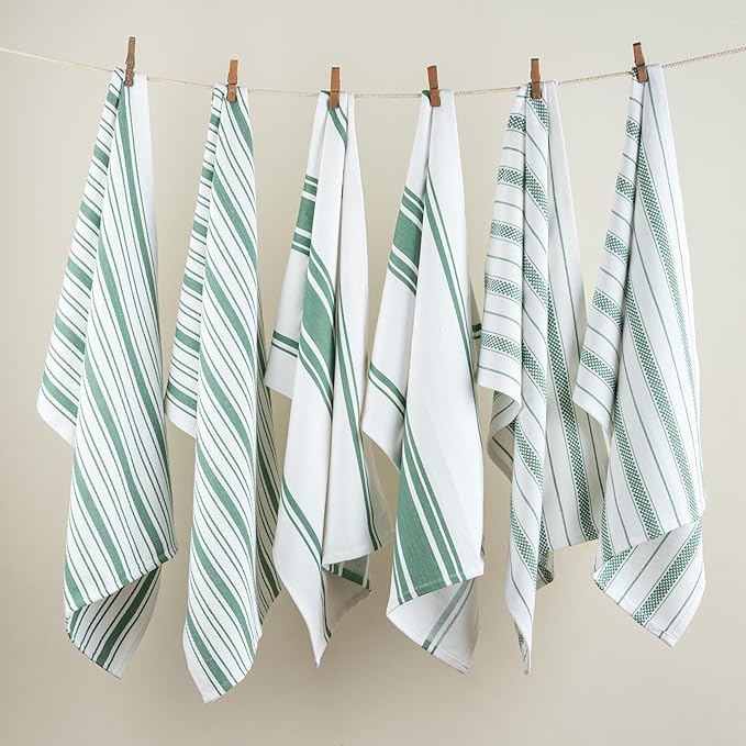 Kitchen Towels Set – Pack of 6 (20’’ x 30’’) Extra Large Premium Cotton Dish Towels for Kitchen – Absorbent – 100% Cotton – with Hanging Loop – Green Multi Design Striped