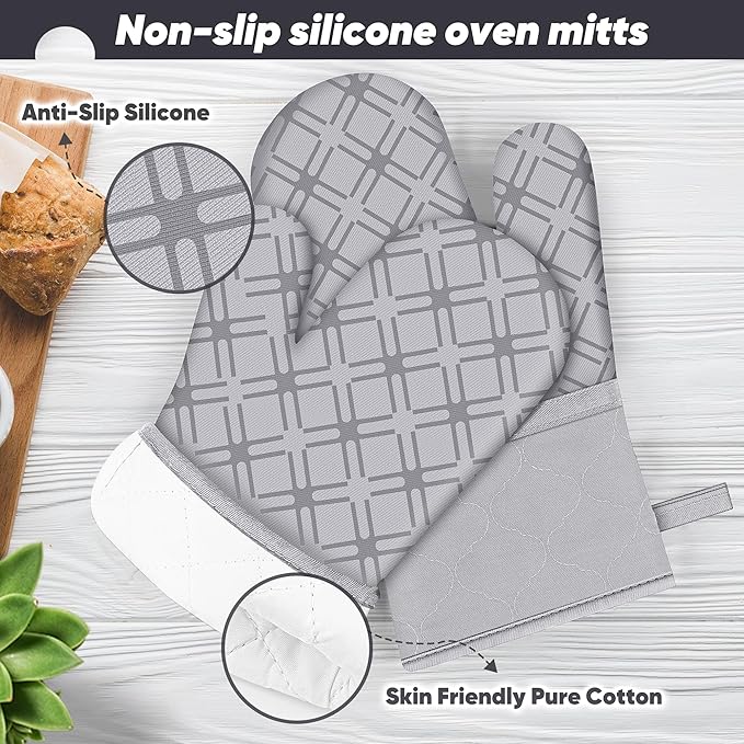 Oven Mitts and Pot Holders Set with Dishcloths, 500 Degree Heat Resistant Oven Gloves and Hot Pads, Premium Soft Cotton Kitchen Mittens and Dish Cloth Sets-Grey