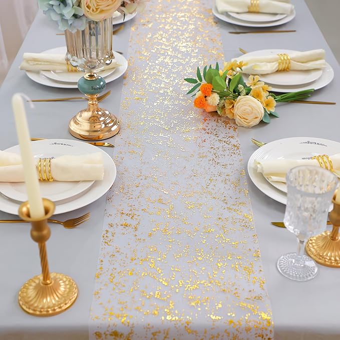 Snowkingdom 2 Pcs Gold Table Runner Roll, Sheer Gauze Chiffon Tulle Fabric Sequin Glitter Metallic Foil, Gold Golden Table Decorations for Home Wedding Birthday Party Anniversary Christmas