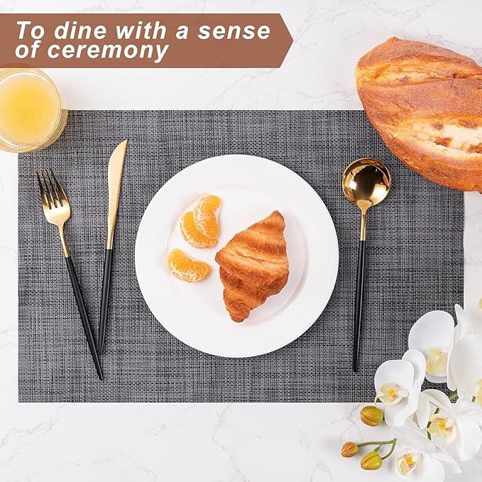 Placemats Set of 6 Washable Indoor/Outdoor Vinyl Place Mats for Dining Table Durable Non-Slip Heat Resistant PVC Weave Table Mats（Gray）