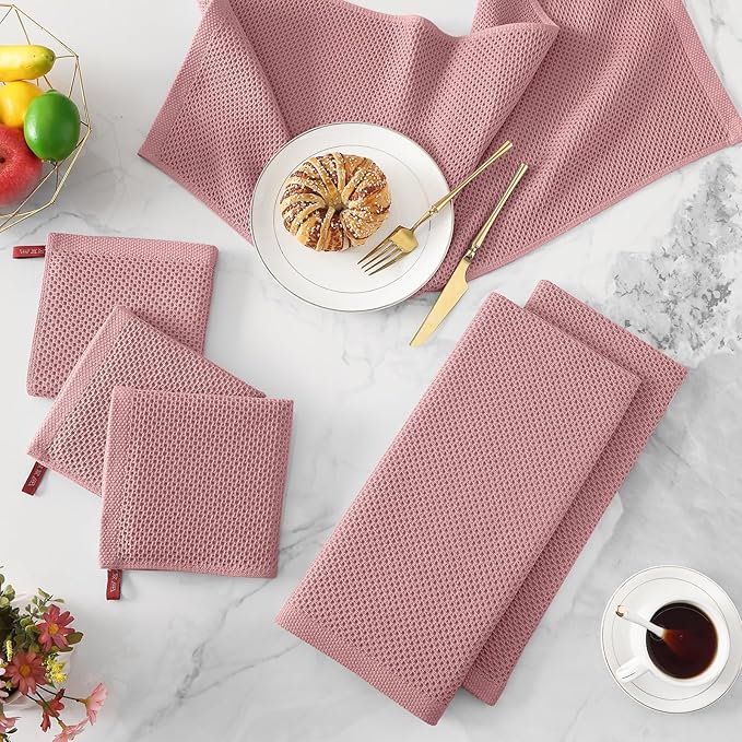 Kitinjoy 100% Cotton Waffle Weave Kitchen Hand Towels (13 X 28 Inches, Dried Roses), 4-Pack Super Soft and Absorbent Dish Towel for Drying Dishes