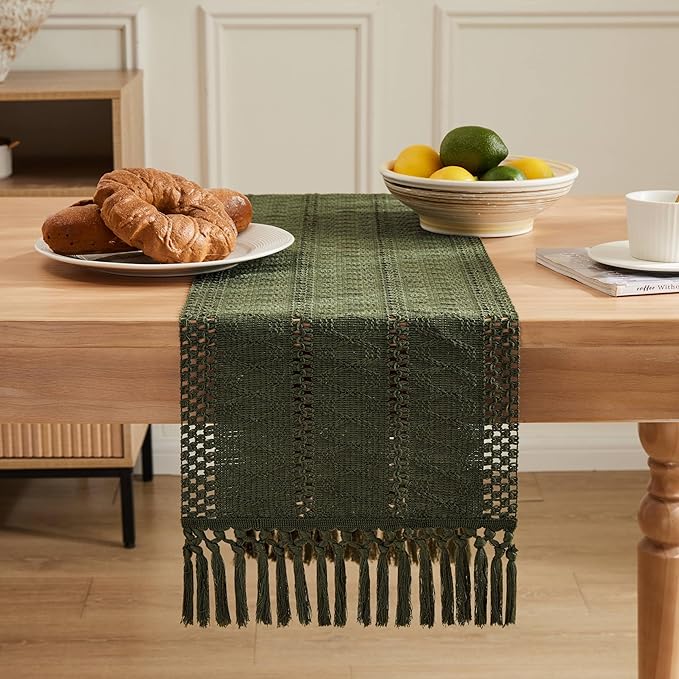 ZeeMart Macrame Style Boho Table Runner, Olive Green Table Runners 48 Inches Long, Farmhouse Woven Home Decor, 12x48 Inch, Olive
