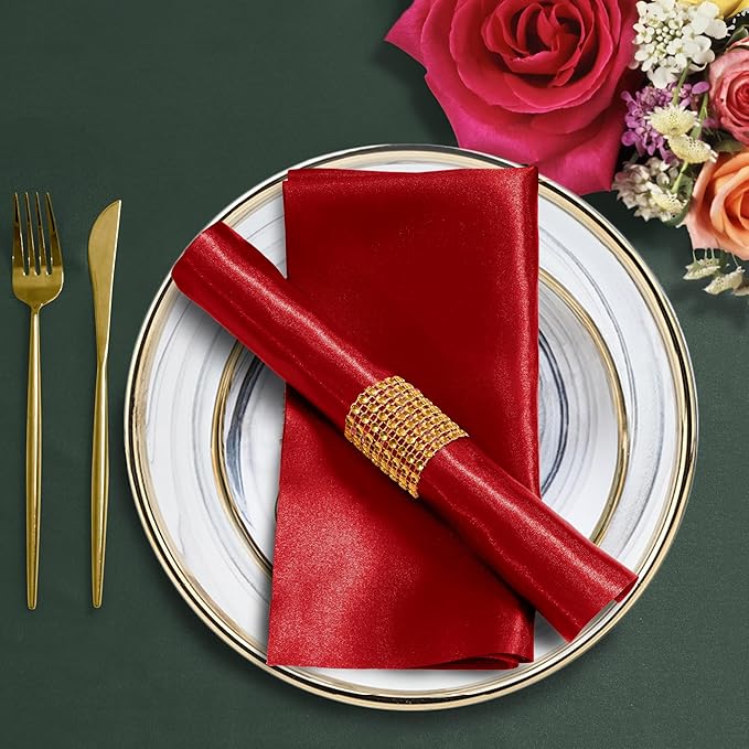 100 Pack Red Satin Napkins and Napkin Rings Set,12 x 12 Inch Silky Soft Cloth Napkins Set of 50,Square Satin Dinner Table Napkins Bulk for Wedding Banquet Restaurant Graduation Party Decoration