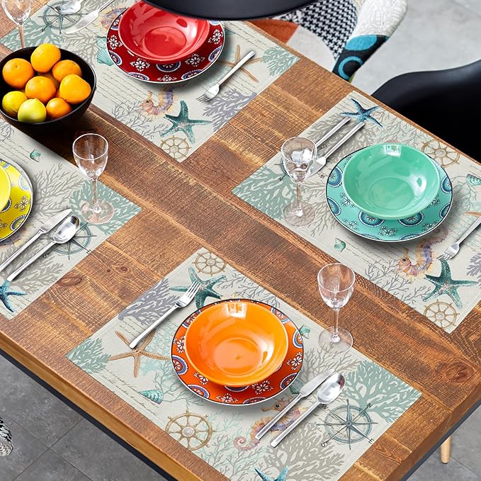 Nautical Placemats Set of 4 Starfish Sea Shell Beach Theme Ocean Coral Washable Non-Slip Heat Resistant 12×18 Inch Seasonal Summer Linen Fabric Table Mat for Party Kitchen Dining