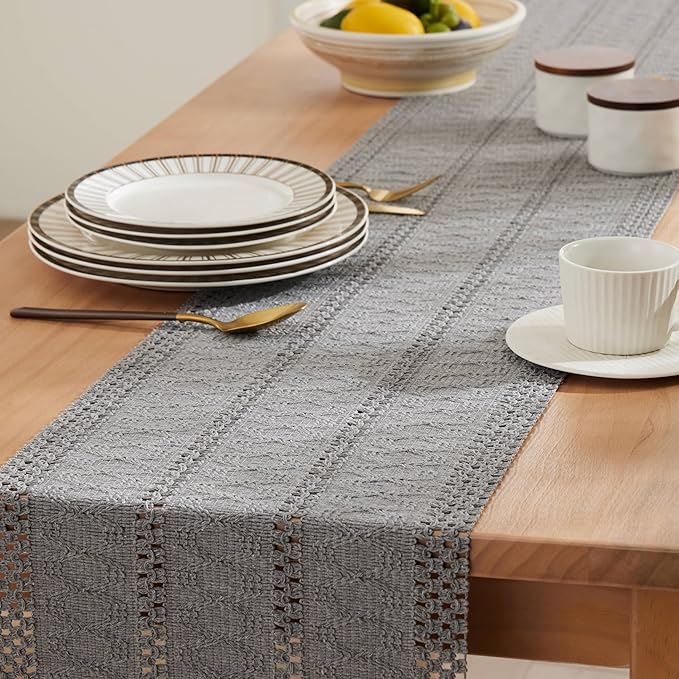ZeeMart Macrame Style Boho Table Runner, Grey Table Runners 48 Inches Long, Farmhouse Woven Home Decor, 12x48 Inch, Grey