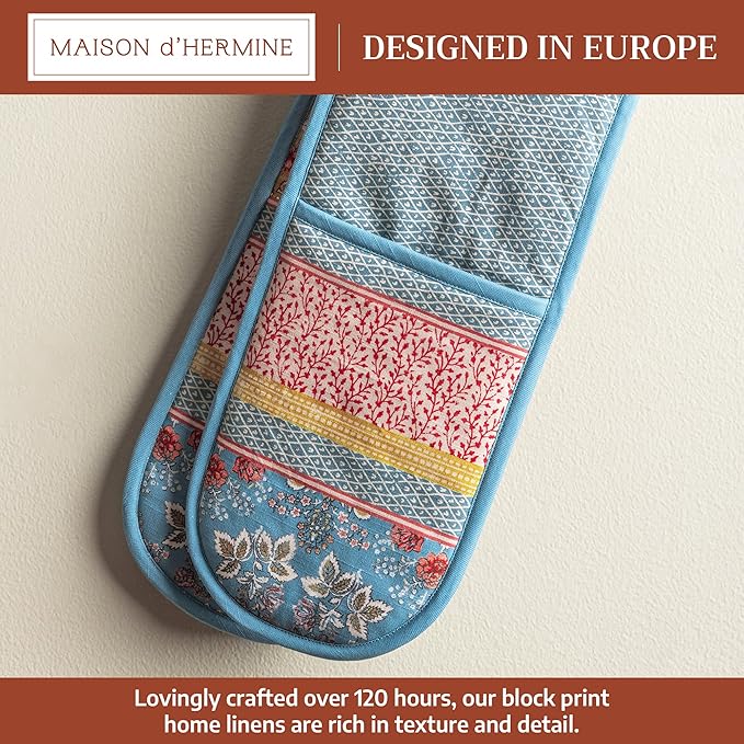 Maison d' Hermine Double Oven Mitts 100% Cotton 7"x35" Double Oven Mitt Heat Resistant BBQ Cooking Gloves with Loop Baking Grilling Gifts for Mothers Day Spring Summer (Marquise)