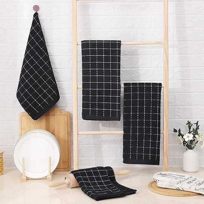 Homaxy 100% Cotton Terry Kitchen Towels(Black, 13 x 28 inches), Checkered Designed, Soft and Super Absorbent Dish Towels, 18 Pack