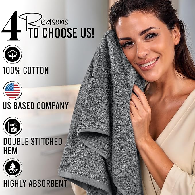 RIVERSIDE Pack of 4 Premium Extra Large Grey Bath Towels 30 x 60 Inches, 100% Cotton, Super Soft & Highly Absorbent, Larger & Lighter Weight, Quicker to Dry, Perfect for Bathroom