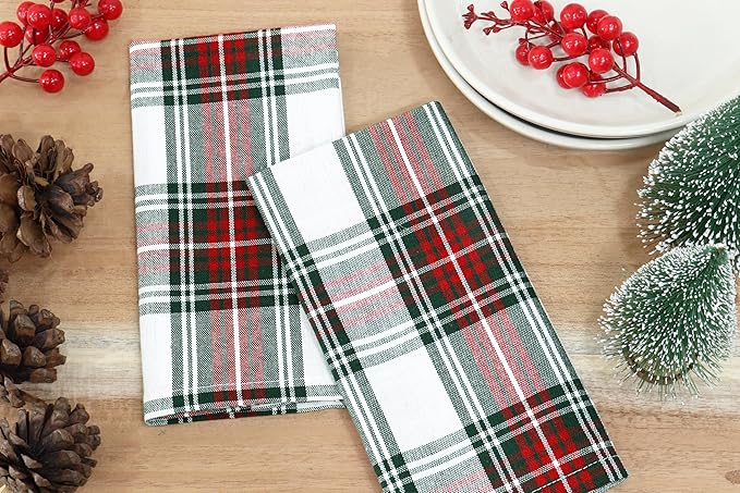PurpleEssences Tartan Plaid Cloth Napkins - Mitered Corners - Spring Easter Summer - Scottish Check Dinner Napkin - Set of 12-100% Cotton - 18x18 Inch - Reusable Washable - Red and White