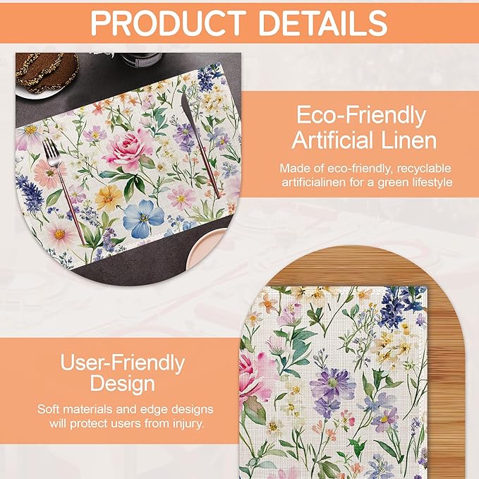 Wildflowers Floral Placemats Set of 6,Plants Waterproof Heat Resistant Dining Table Plate Mat for Home Kitchen Dining Table 12x18Inch