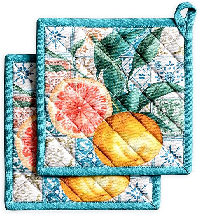 Maison d' Hermine Pot Holders 100% Cotton Heat Resistant Potholders 8" x 8" Hot Pads with Loop BBQ Cooking Baking Gifts for Mothers Day Handling Hot Pans Spring/Summer (Pack of 2, Agrume)