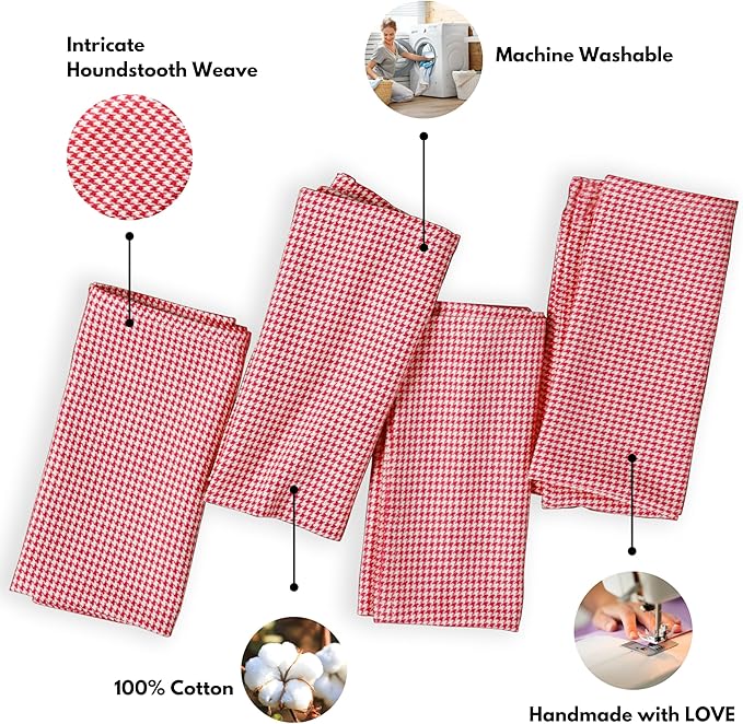Napkins 100% Cotton Decorative Napkin Washable Houndstooth Check Cloth Napkins Set of 12 for Home, Wedding, Restaurant, Buffet Party & Camping - Red (18”X18”)