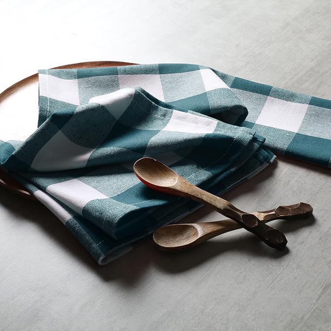 Native Fab Buffalo Check Cloth Napkins, Set of 4, 16"x16", Plaid Checked Pattern, 100% Cotton, Soft, Absorbent, Reusable Table Napkins for Dinner, Wedding, Lunch, Cocktail, Everyday Use - Teal Green