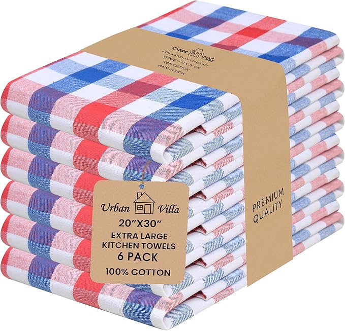 Urban Villa July 4th KitchenTowels Red/Blue/White DishTowels 100% Cotton (Set of 6) 20X30 Inches Buffalo Checks Highly Absorbent Soft Durable Reusable & Washable Kitchen Towels