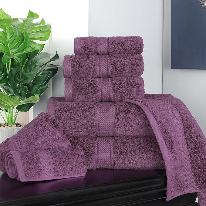 SUPERIOR Egyptian Cotton Pile 8 Piece Towel Set, Includes 2 Bath, 2 Hand, 4 Face Towels/Washcloths, Ultra Soft Luxury Towels, Thick Plush Essentials, Guest Bath, Spa, Hotel Bathroom, Plum