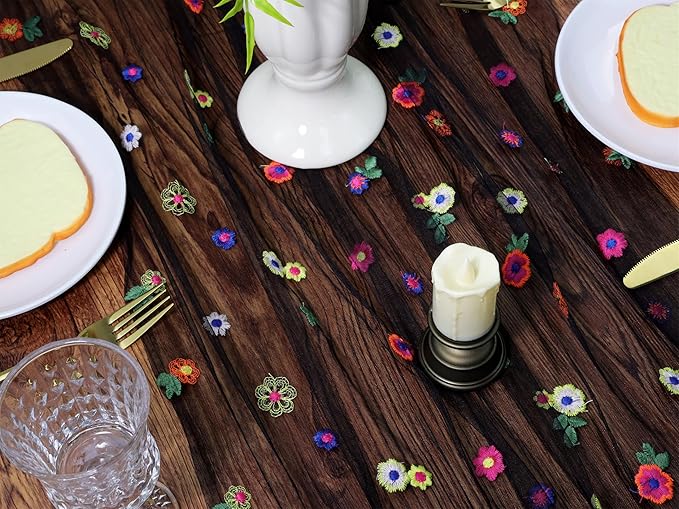YATOJUZI Black Table Runner Embroidery Daisy Summer Floral Decorations Seasonal Tulle Dining Table Runners for Home Kitchen Decor Wedding Shower Party