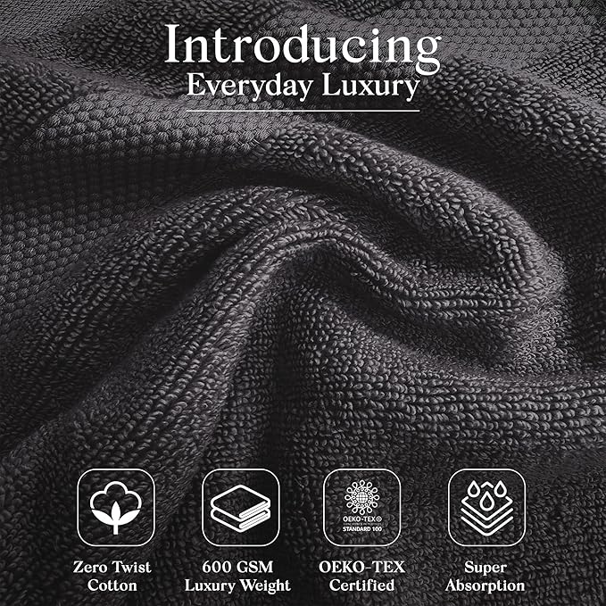 Premium Staple Cotton Bathroom Towel Set - Dark Gray 600 GSM 6-Piece Luxury Bath Towel Set 1 Stripe - 2 Bath Towels, 2 Hand Towels & 2 Washclothes Set - High Absorbent & Quick Dry for Gym, Spa, Hotel
