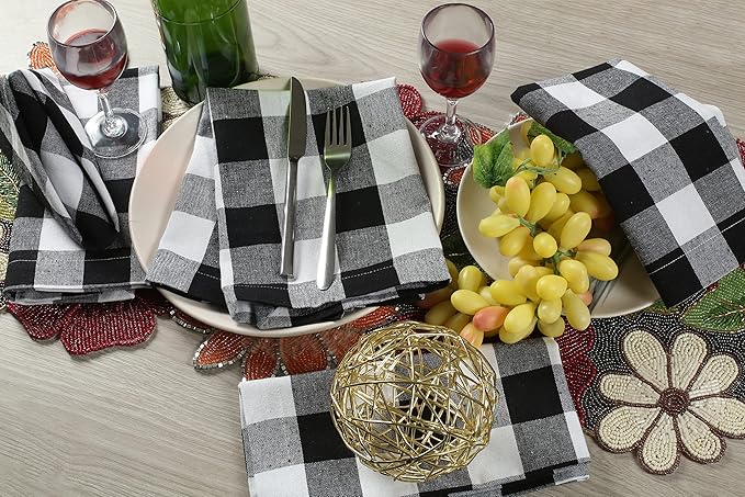Lightnpro Buffalo Plaid Cloth Napkins Set of 12 – Checkered Cotton Dinner Napkins, Soft & Durable, 18x18 Inch, Black & White, Perfect for Dining, Parties & Everyday Use