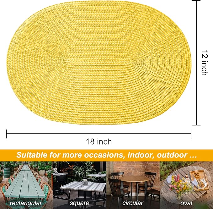 AHHFSMEI Placemats Set of 4 for Dining Table Washable Woven Non-Slip 18x12 inches Placemat Heat-Resistant Durable Table Mats for Dining Table Easy to Clean (Oval Yellow, 4)