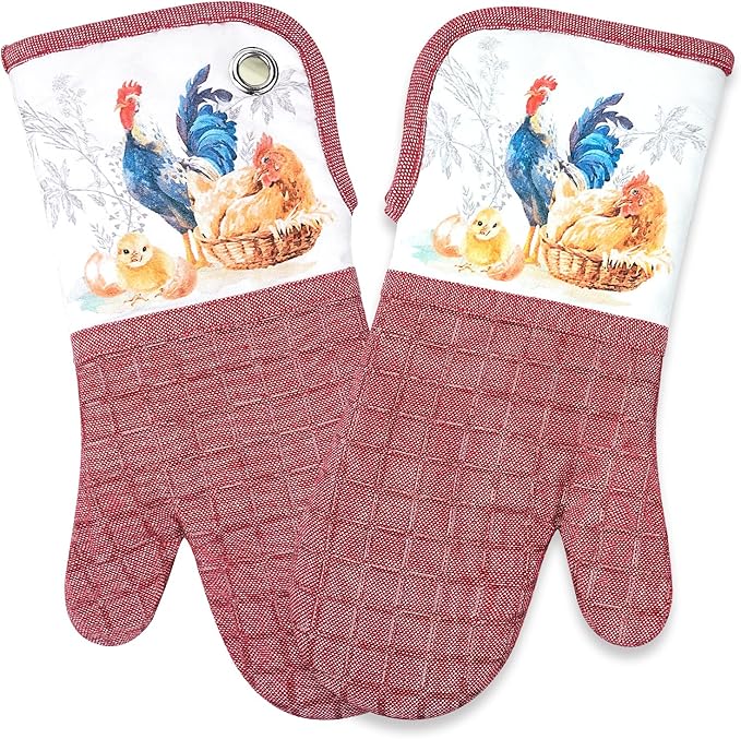 Silicone Printing Oven Mitts Heat Resistant to 500 Degree,Yarm-Dyed Oven Gloves with Animal Design Non-Slip for Kitchen Cooking Barbecue Baking and Machine Washable.(Red Oven Mitts)