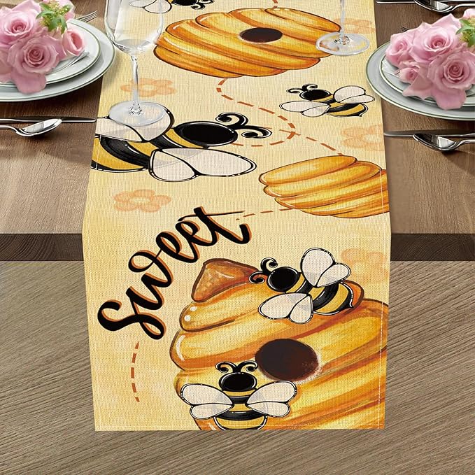 Spring Summer Bumble Bee Honeycomb Table Runner, Yellow Sweet Beehive Kitchen Dining Table Decoration, Seasonal Flower Burlap Indoor Outdoor Home Decor Party Supply 13 x 36 Inches
