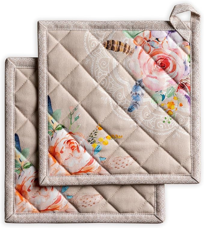 Maison d' Hermine Pot Holders 100% Cotton Heat Resistant Potholders 8" x 8" Hot Pads with Loop BBQ Cooking Baking Gifts for Mothers Day Handling Hot Pans Spring/Summer (Pack of 2, Ibiza - Beige)
