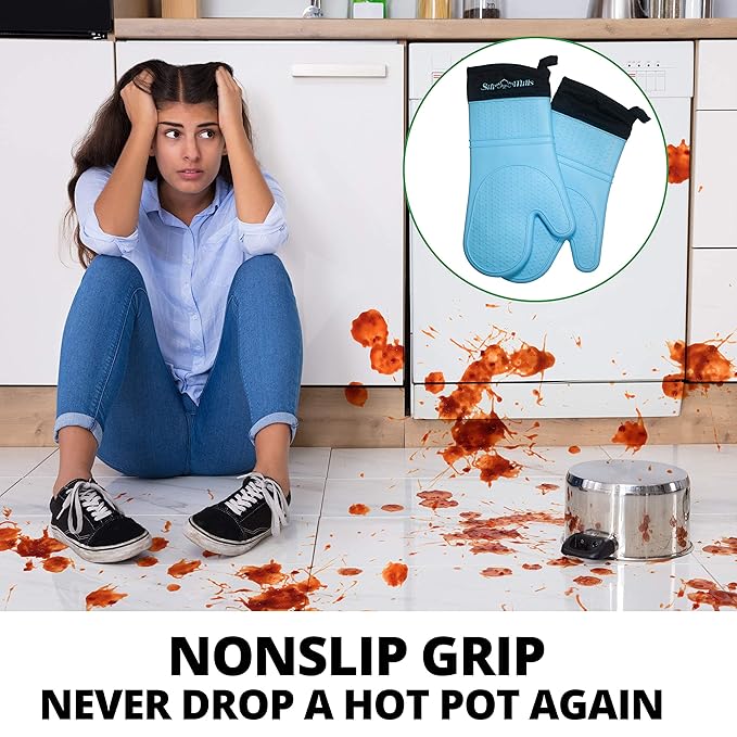 Silicone Oven Mitts Heat Resistant 500 Degrees - 2 Extra Long Silicone Oven Mitt Pot Holders - Food Safe Oven Gloves - BPA Free - Soft Inner Lining - (Blue) - Frux Sili Mitts