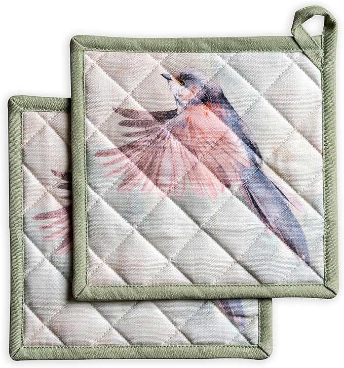 Maison d' Hermine Pot Holders 100% Cotton Heat Resistant Potholders 8" x 8" Hot Pads with Loop BBQ Cooking Baking Gifts for Mothers Day Handling Hot Pans Spring/Summer (Pack of 2, Flying Birds)